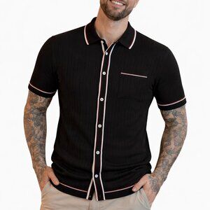 Men's Short Sleeve Full Placket RIVIERA Knit Polo Shirt Piped MOD 60s Black